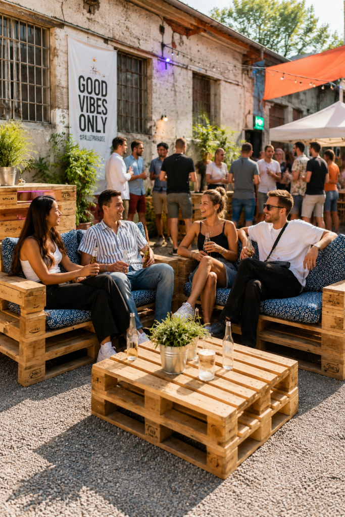 Lounge-Bereich mit Palettenmöbeln, Lichterketten und Gästen bei einer Outdoor-Veranstaltung – individuelle Eventgestaltung von Partyladen von Voss