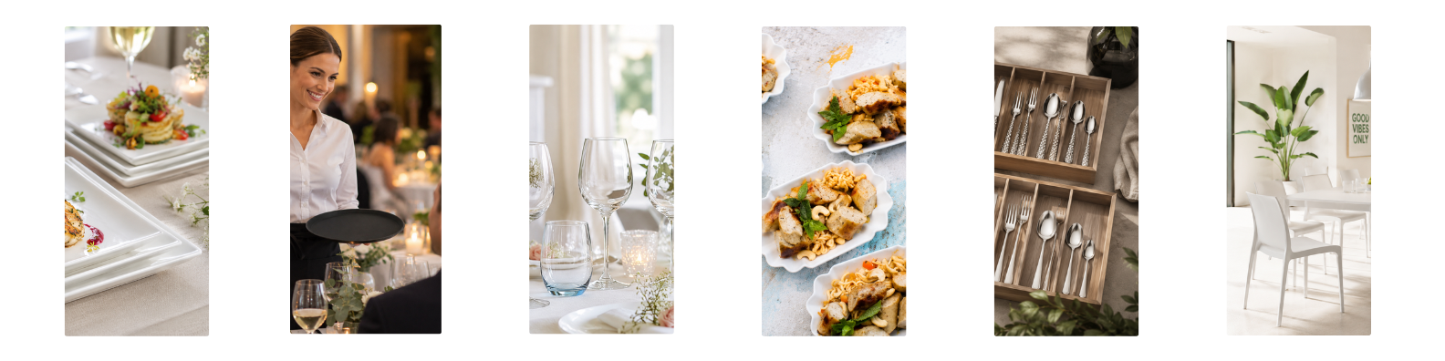 Bildcollage aus Fine-Dining-Gerichten, Kellner-Service, Gläsern, Fingerfood, Besteckschublade und Bestuhlung – Rundum-Eventausstattung von Partyladen von Voss