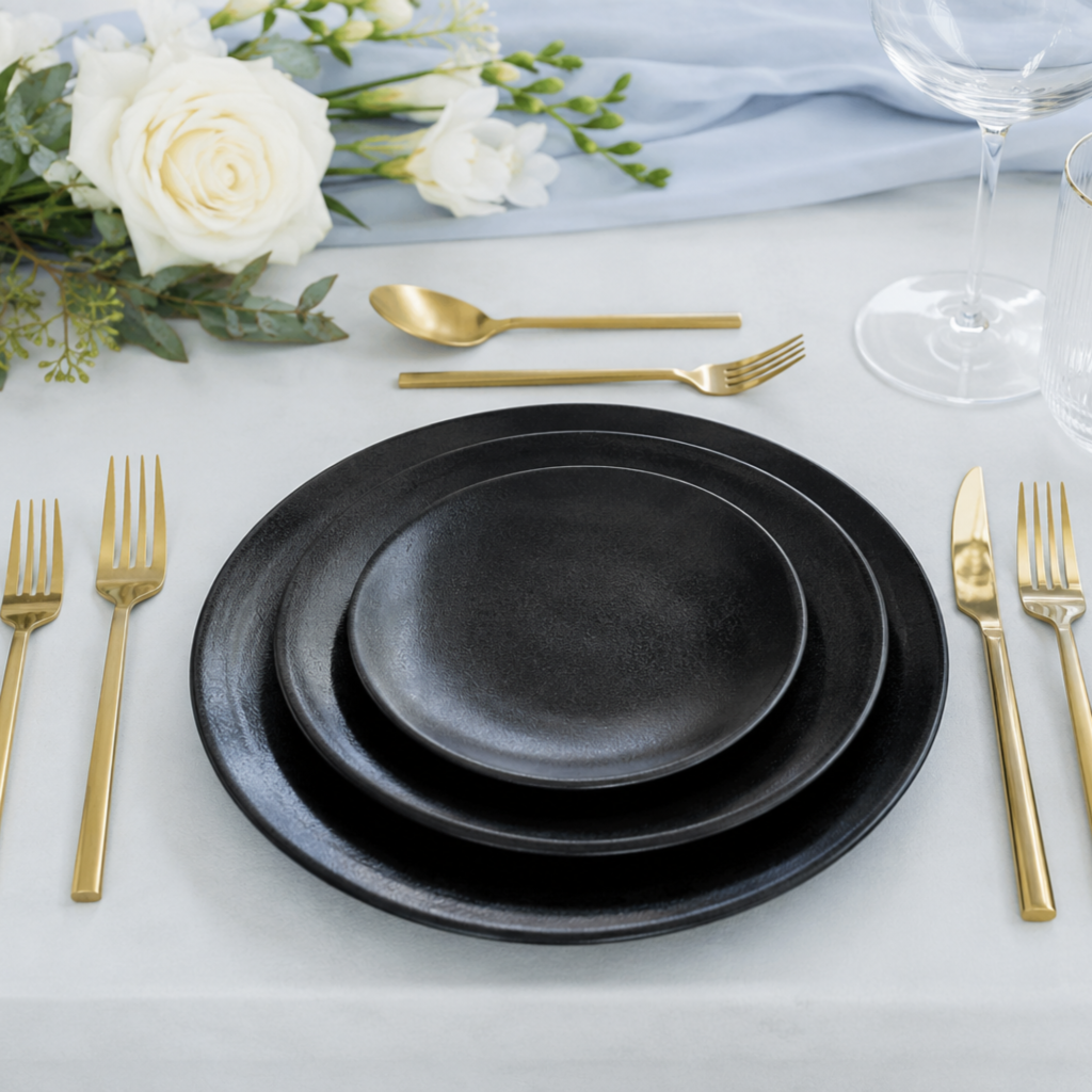 Elegant gedeckter Tisch mit mattschwarzem Geschirr, goldenem Besteck und weißen Rosen – Mietartikel von Partyladen von Voss